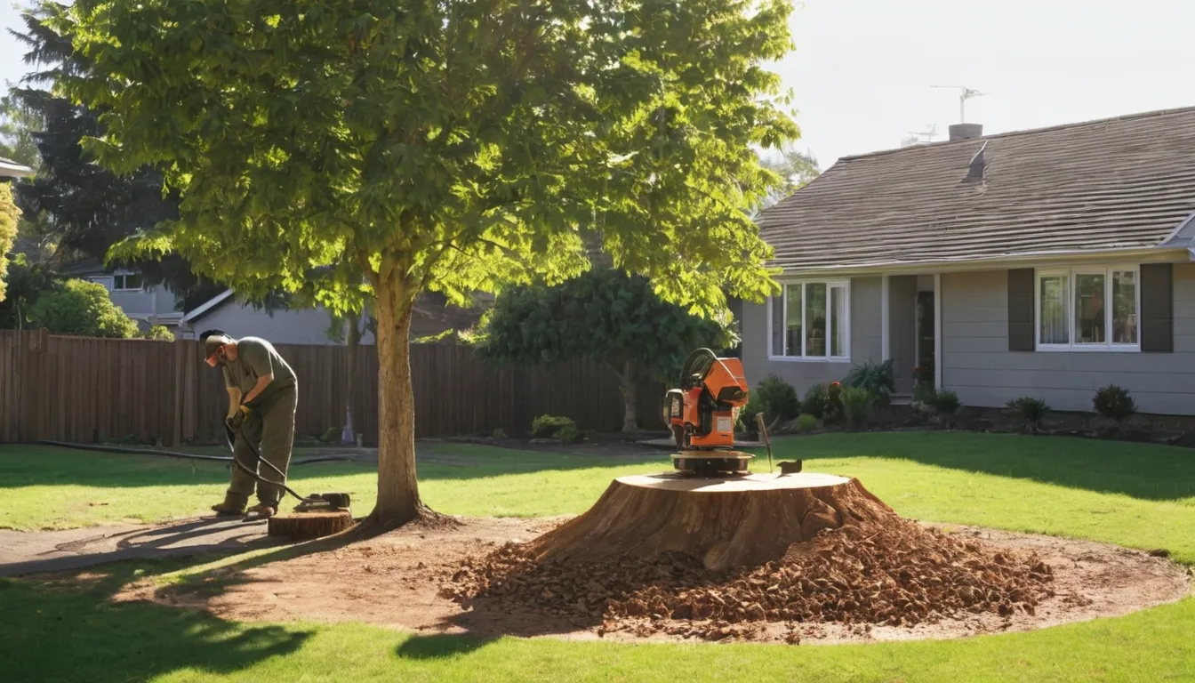 Stump grinder working on an old tree stump in a residential yard in Yardley